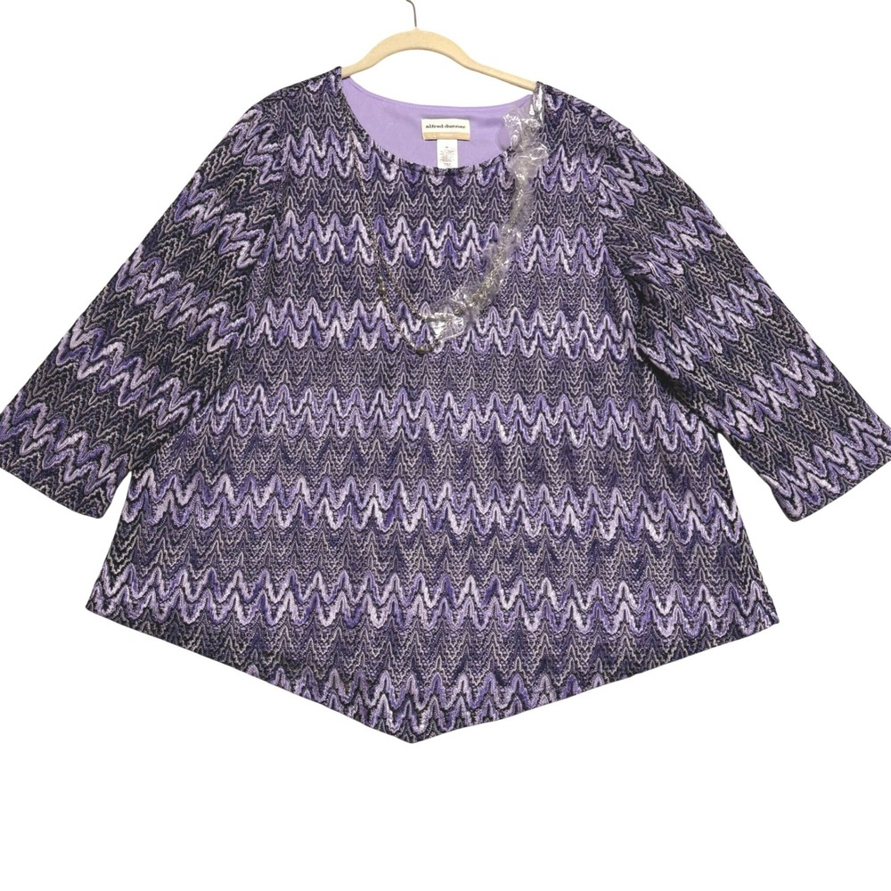 Alfred Dunner Blouse Women 2X Purple Chevron Zig Zag Crochet Lace Necklace